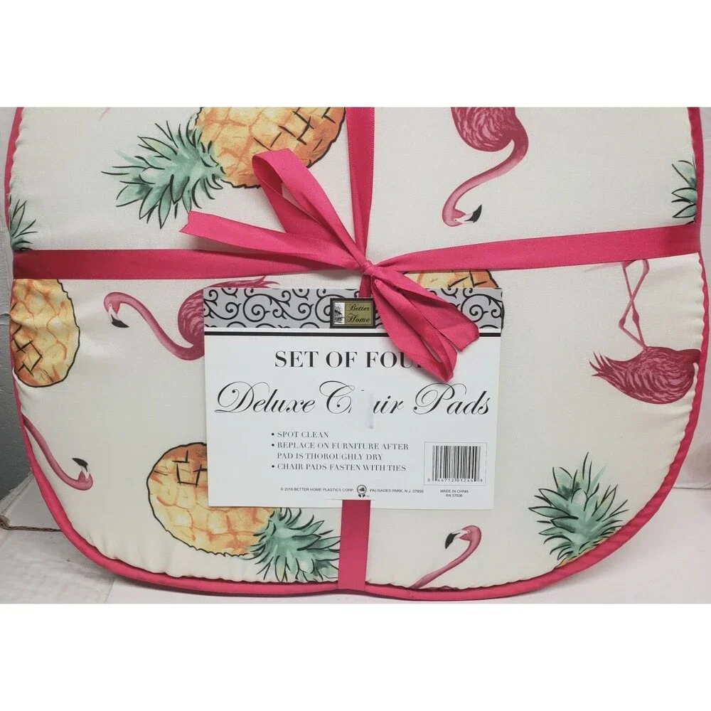 Set of 4 CHAIR PADS CUSHIONS w/ pink strings, FLAMINGOS & PINEAPPLES,15